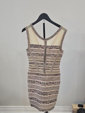 Herve Leger Cream and Black Patterned Midi Sheath Dress